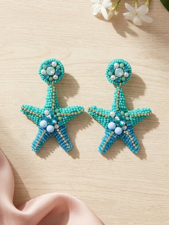 Jewelry - NEW: Blue Beaded starfish dangling earrings